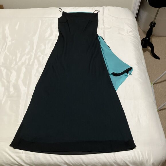 Thea Dora Black Teal Formal Cocktail Evening Prom HoCo Maxi Wrap Dress Sz L Y2K - Picture 6 of 12